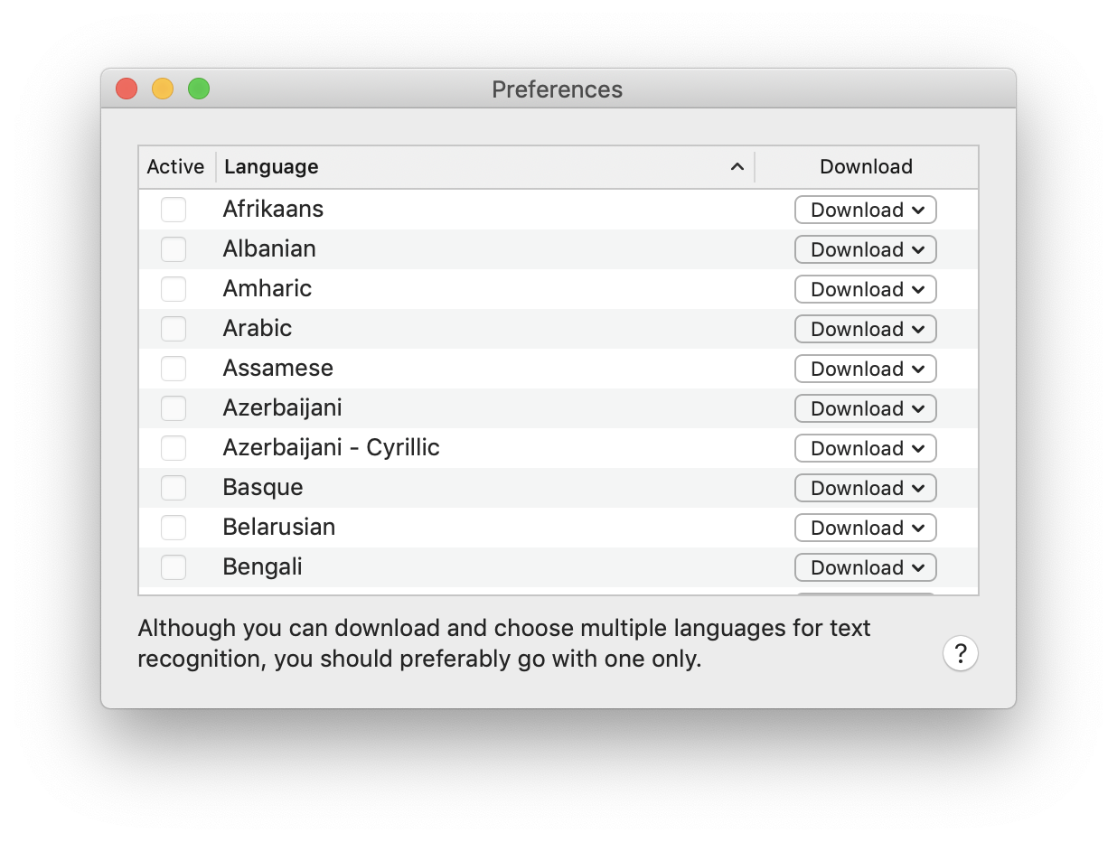 OCR Preferences choose Language